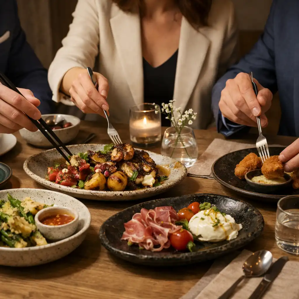 Vendégek közösen emelnek falatokat kisebb tányérokról egy elegáns éttermi asztalnál