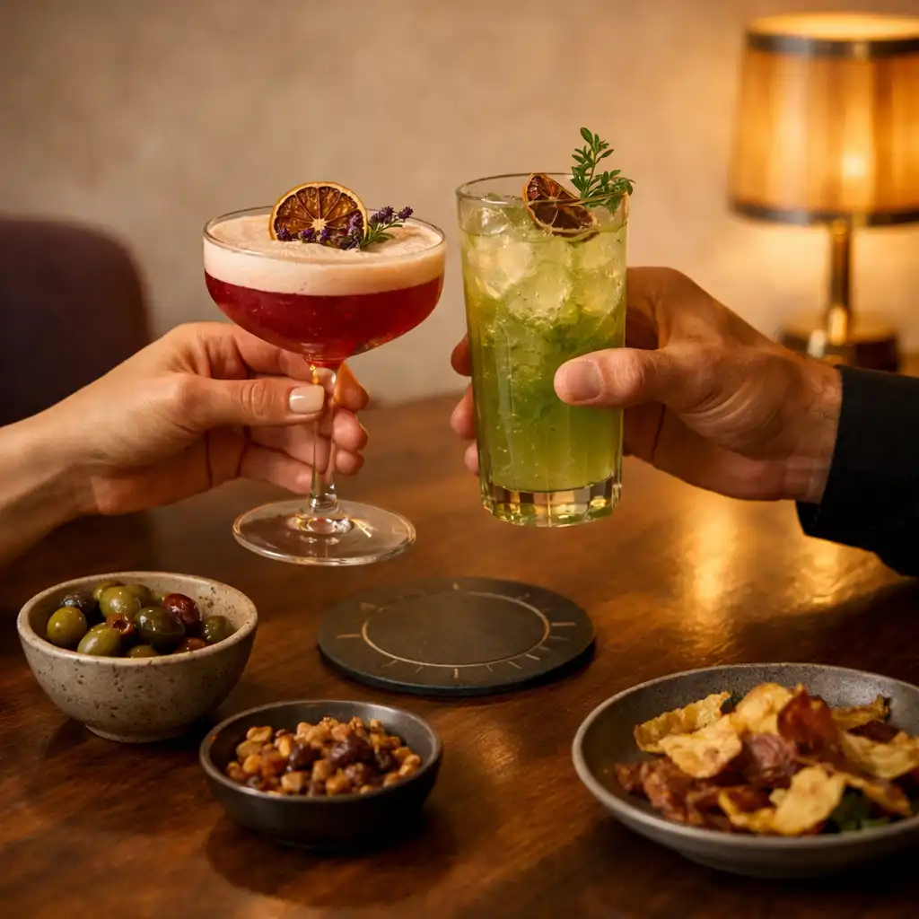 Két kreatív koktél és alkoholmentes ital elegáns esti asztalon
