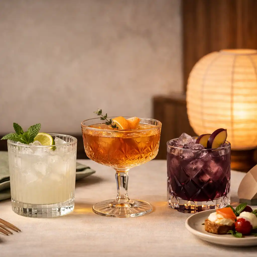 Kreatív koktélok és alkoholmentes italok elegánsan terített esti asztalon